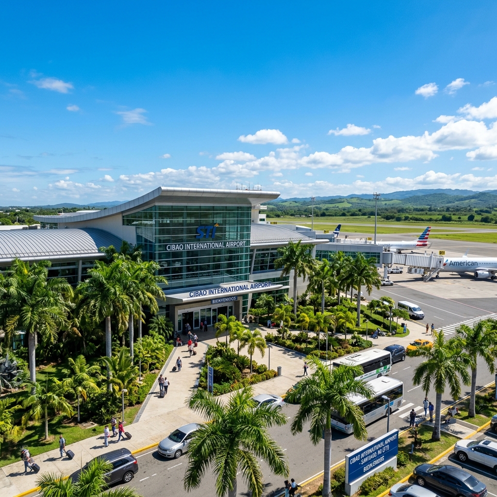 Vista panorámica diurna de la terminal del Aeropuerto Internacional del Cibao en Santiago con áreas verdes