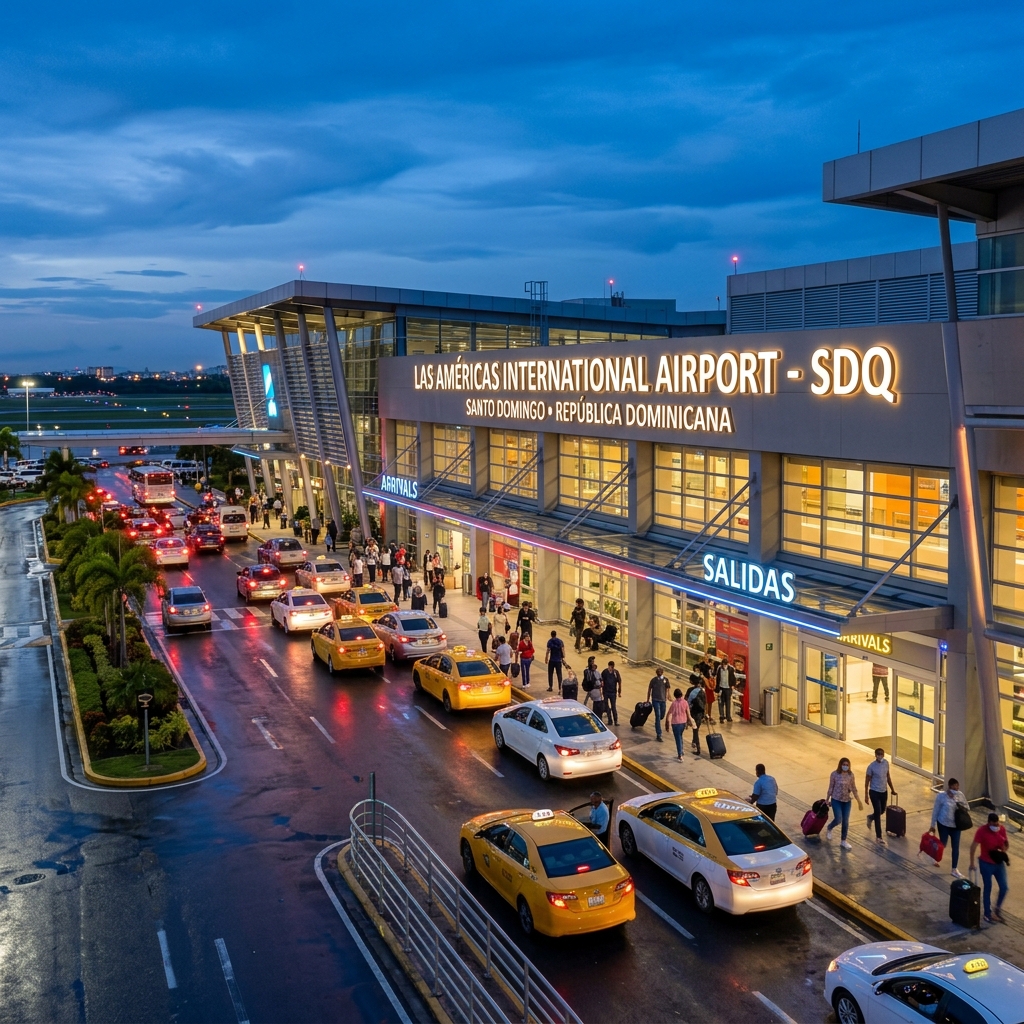 Fachada exterior iluminada del Aeropuerto Internacional de Las Américas en Santo Domingo al anochecer
