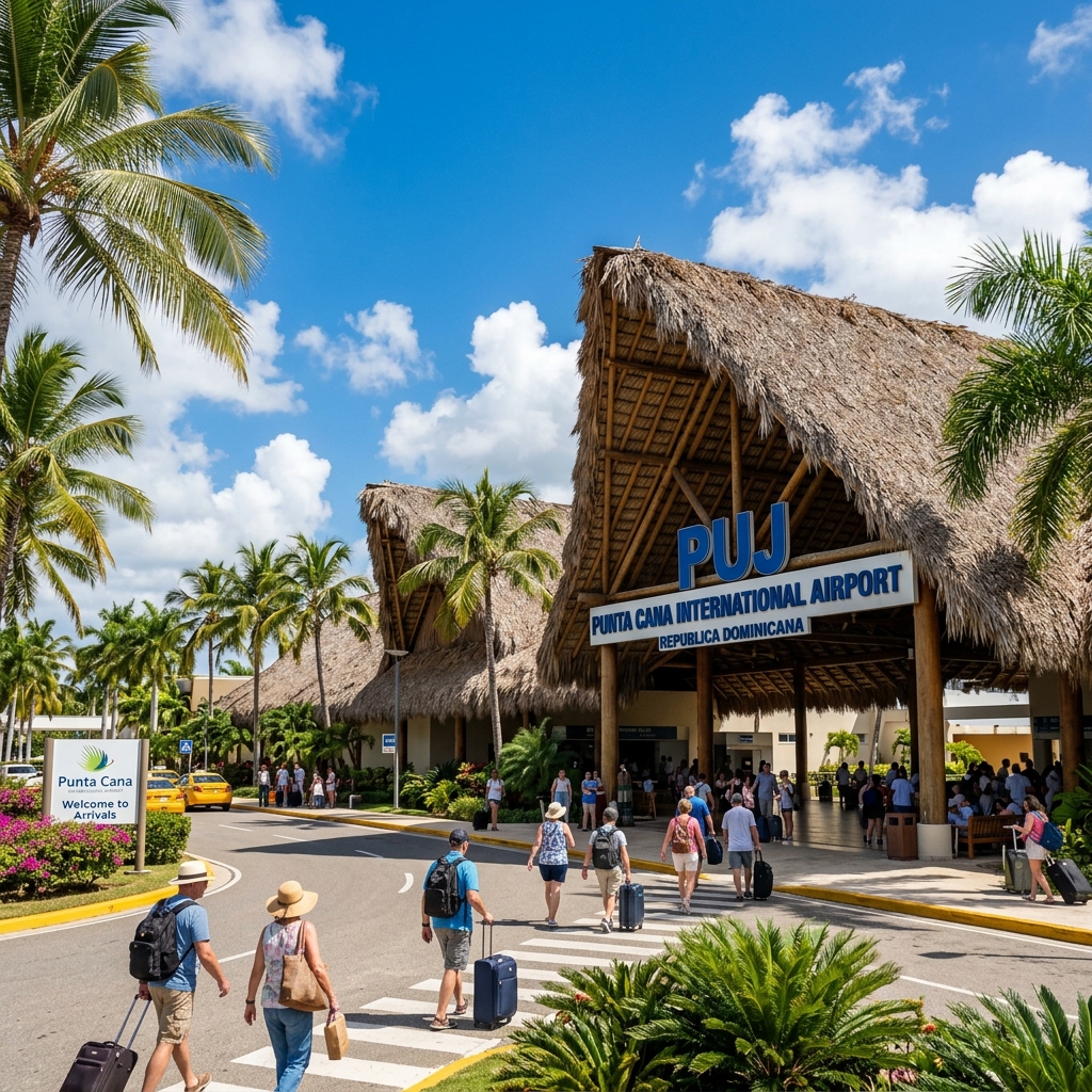 Fachada con techo de cana del Aeropuerto Internacional de Punta Cana bajo un cielo azul tropical