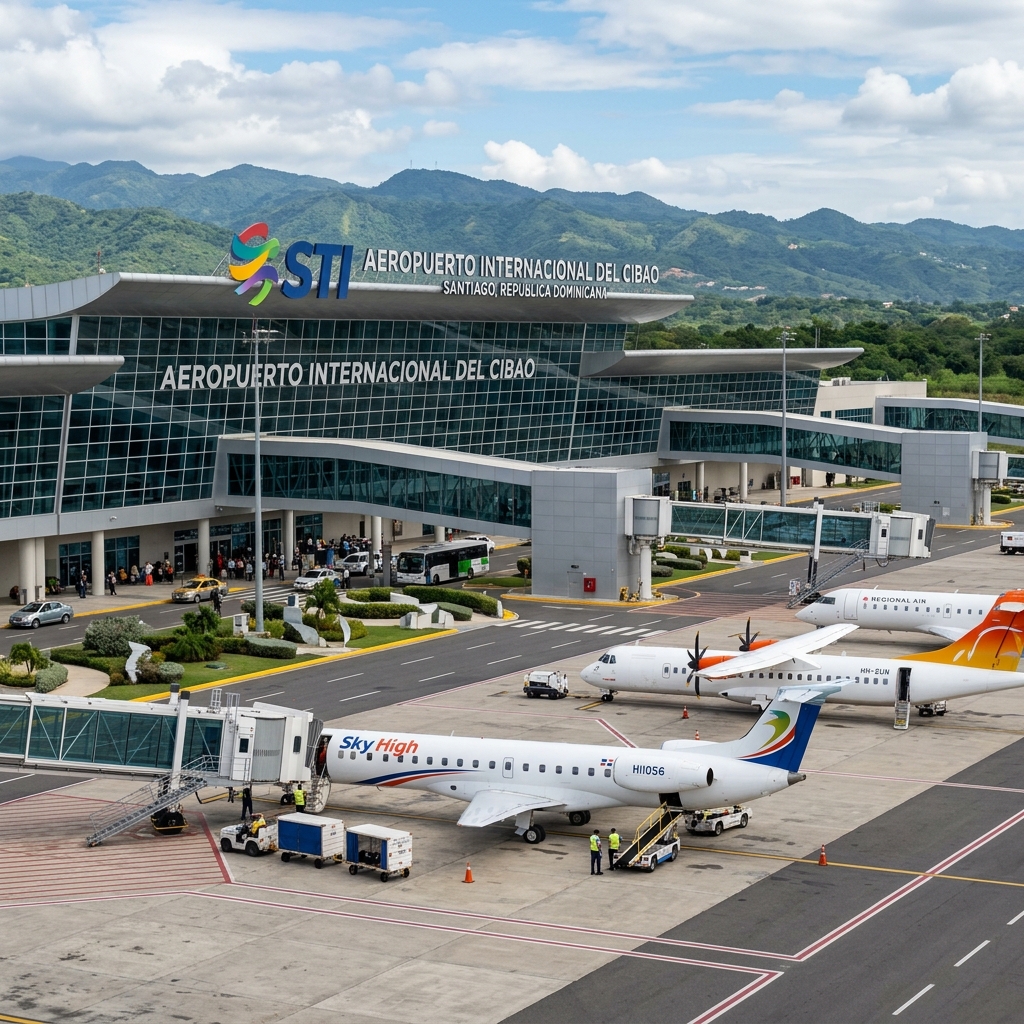 Fachada del Aeropuerto Internacional del Cibao y aviones regionales en La Isabela