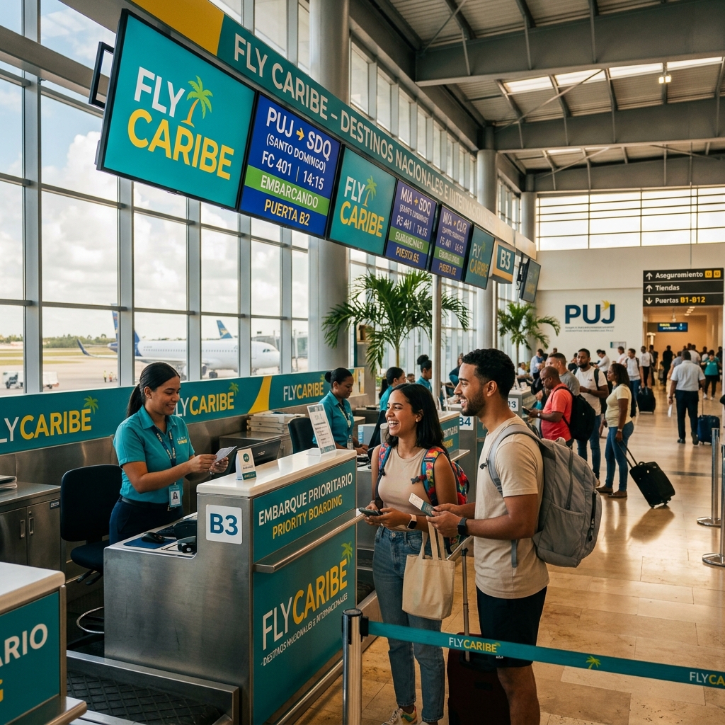 Mostradores de Arajet en el aeropuerto de Santo Domingo con pasajeros listos para abordar