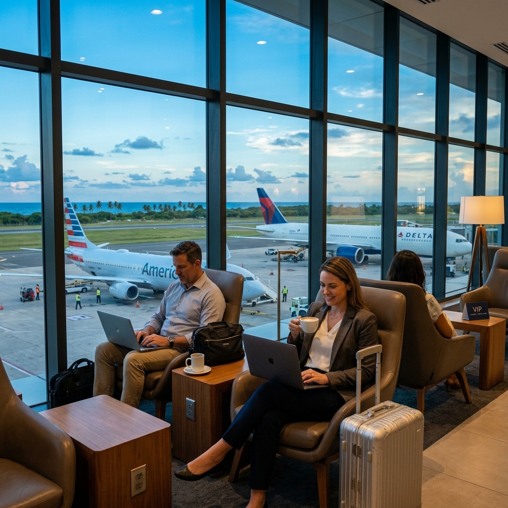 Sala VIP de aeropuerto premium con pasajeros de negocios y aviones en la pista del Caribe