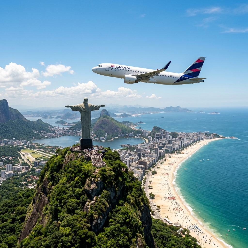 Fotografía cinemática de un avión comercial sobrevolando el emblemático Cristo Redentor y las hermosas playas de Río de Janeiro en Brasil