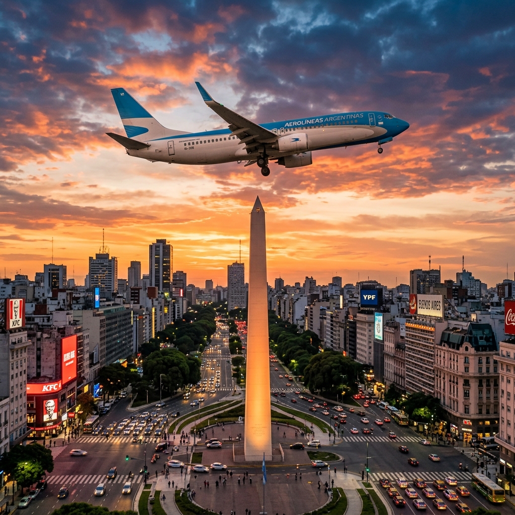 Fotografía cinemática de un avión comercial sobrevolando el icónico Obelisco de Buenos Aires, Argentina, durante el atardecer