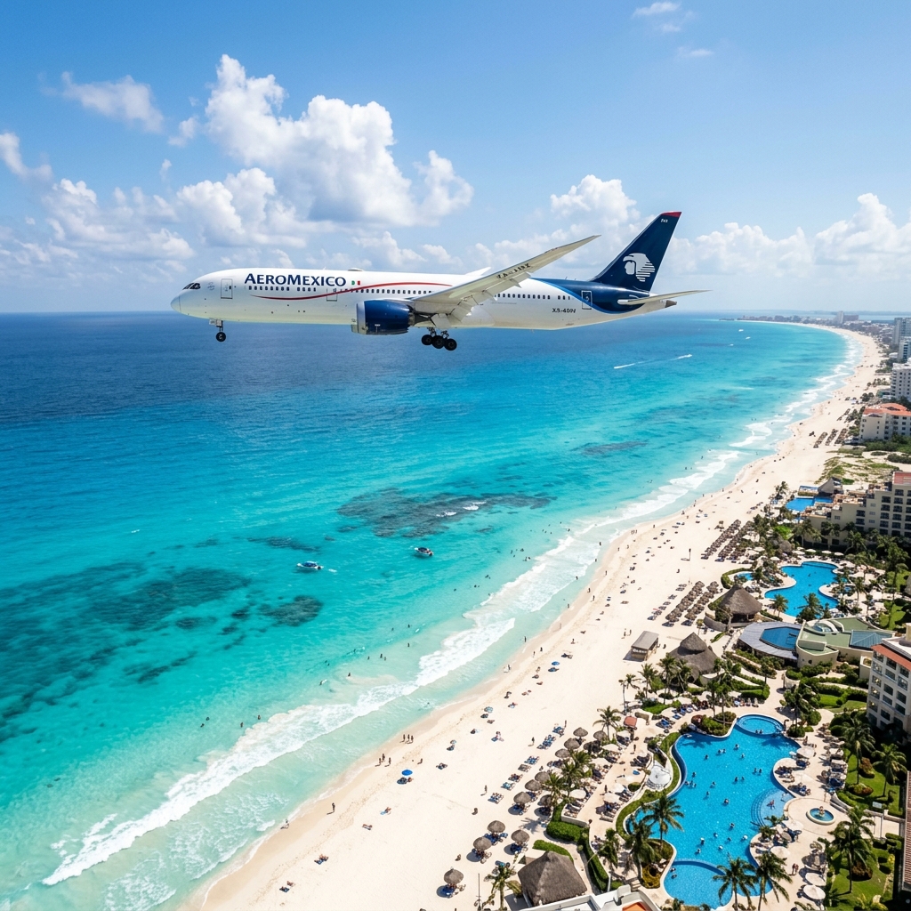 Fotografía cinemática de un avión de Aeroméxico sobrevolando las cristalinas aguas turquesas y los resorts de lujo en Cancún, México