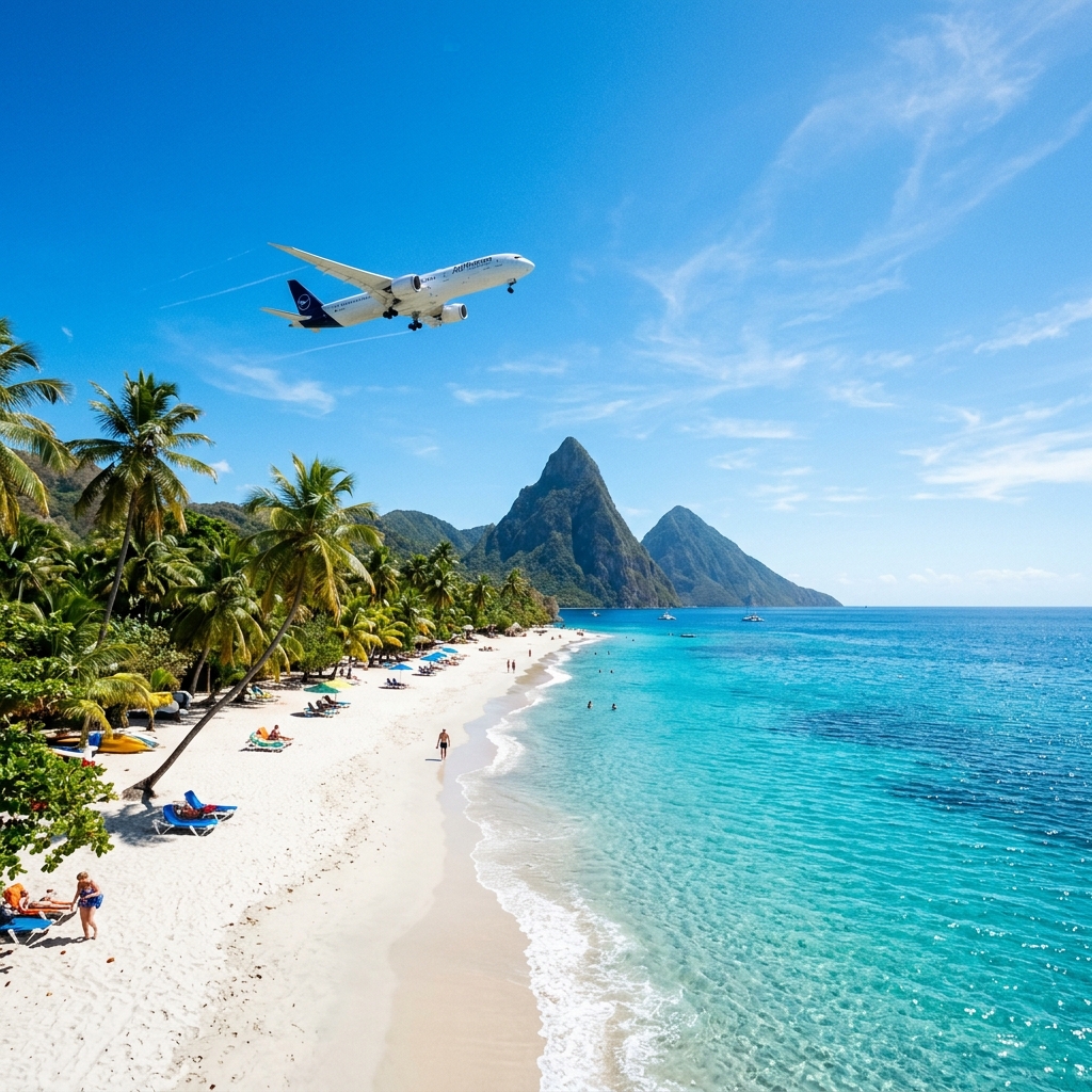 Fotografía cinemática de una espectacular playa paradisíaca del Caribe con arena blanca y palmeras bajo un cielo despejado