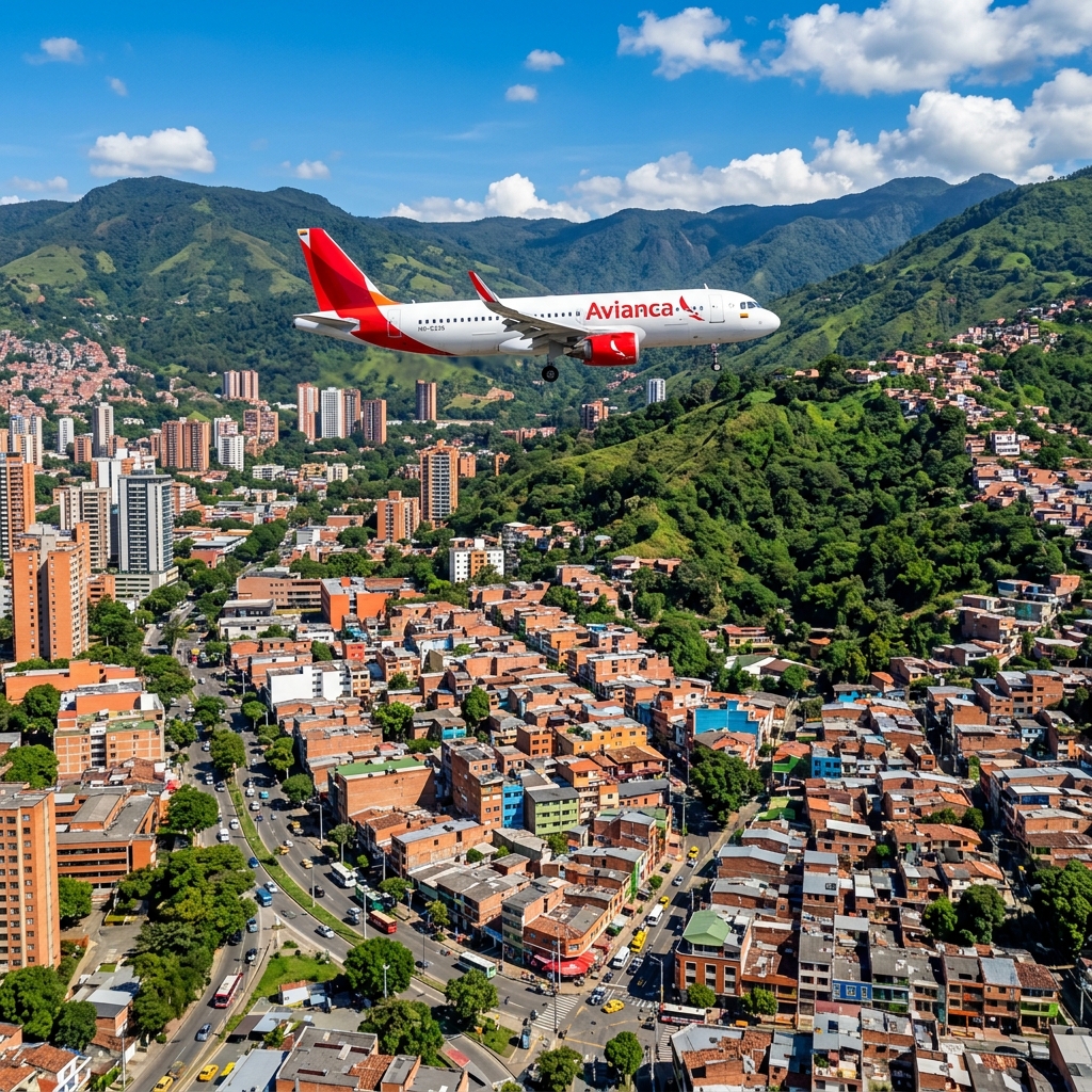 Fotografía cinemática de un avión comercial de Avianca sobrevolando las coloridas calles y verdes montañas de Medellín, Colombia