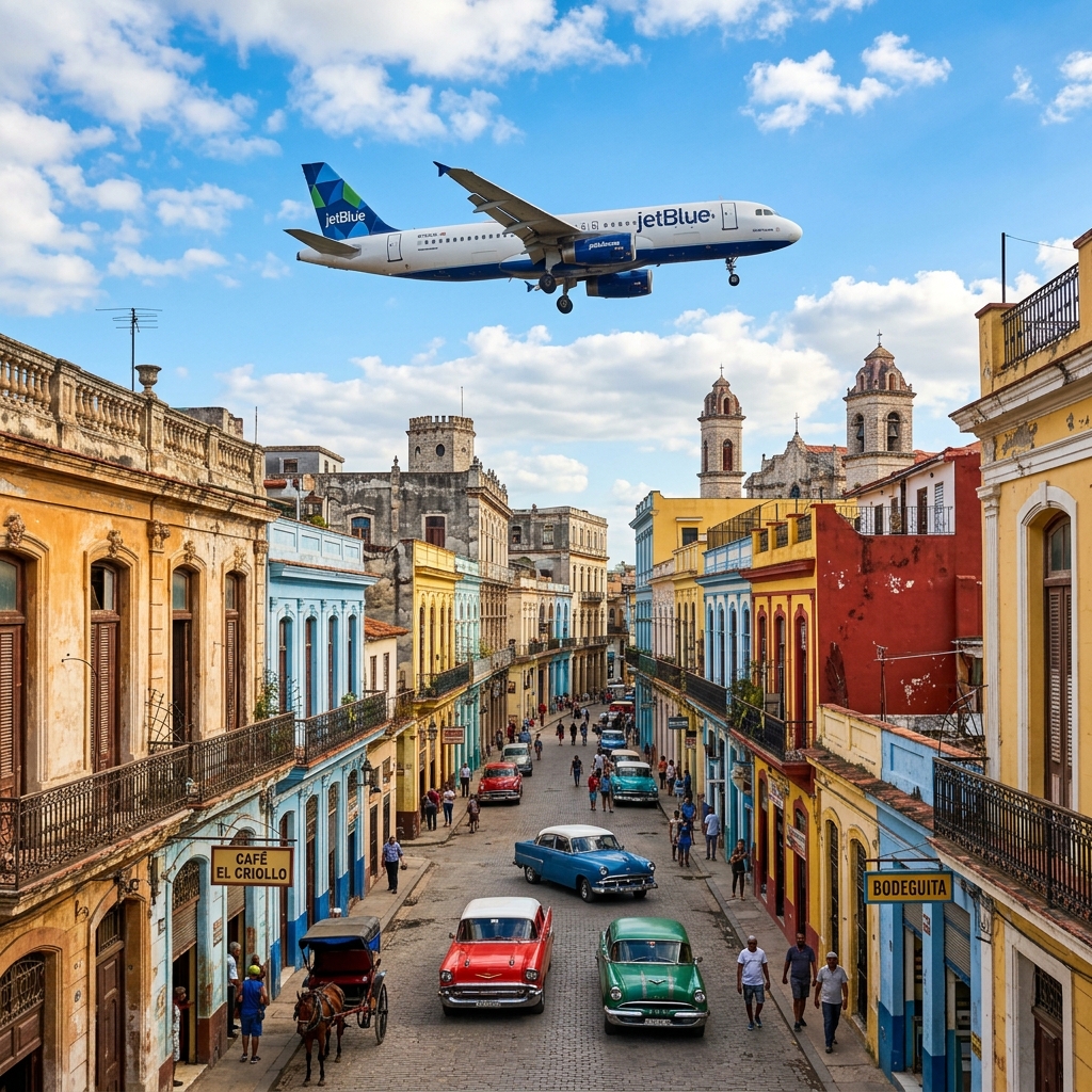 Fotografía cinemática de un avión comercial de JetBlue sobrevolando los autos clásicos y la colorida arquitectura colonial de La Habana Vieja en Cuba