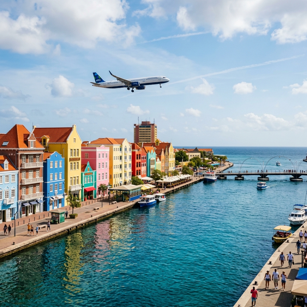 Fotografía colorida y cinemática de la arquitectura colonial holandesa frente a las aguas turquesas del centro de Willemstad en Curazao