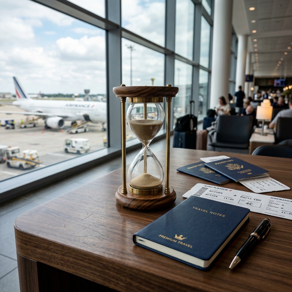 Reloj de arena y pasaportes en un escritorio de aeropuerto, simbolizando tiempo y derechos del viajero