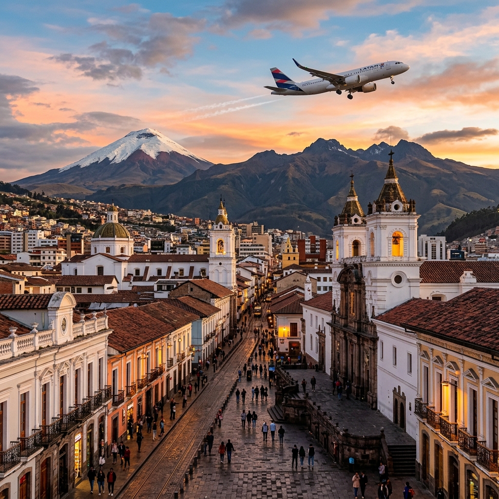 Fotografía cinemática de la imponente arquitectura colonial de Quito en Ecuador con los Andes al fondo y un avión cruzando al atardecer