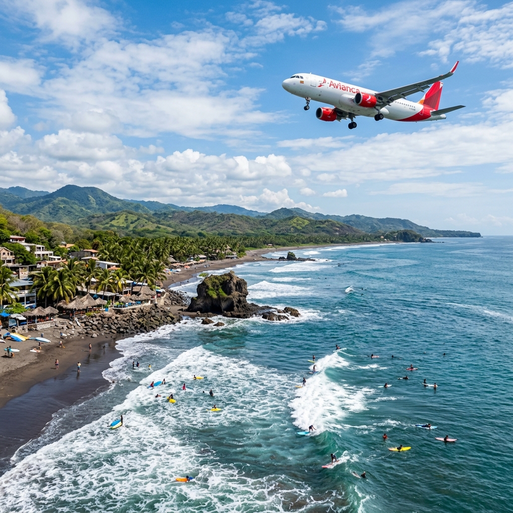 Fotografía cinemática de un avión sobrevolando las hermosas playas de Surf City y El Tunco en El Salvador