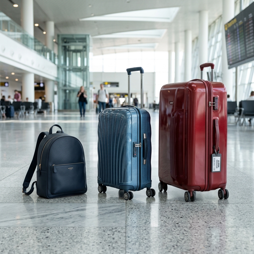 Pasajero midiendo su maleta de mano en el medidor de equipaje del aeropuerto