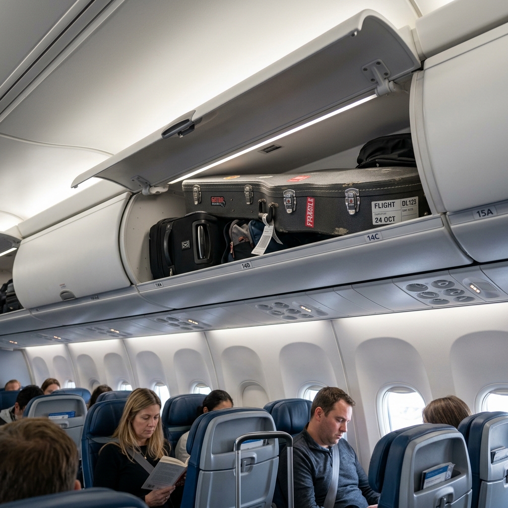 Estuche de guitarra en el compartimiento superior de un avión y bolsas de golf facturadas