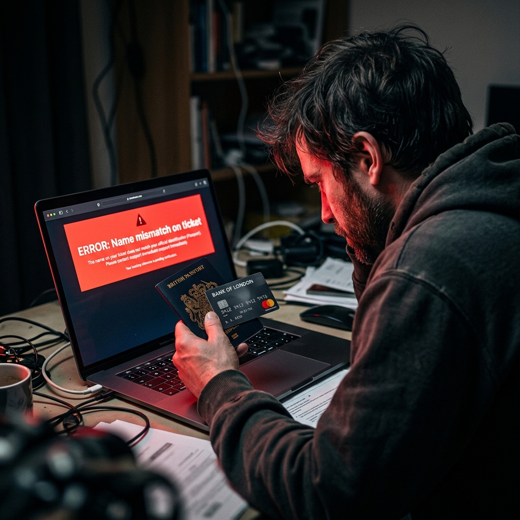 Viajero estresado frente a un error de mismatch de nombre en una laptop brillante