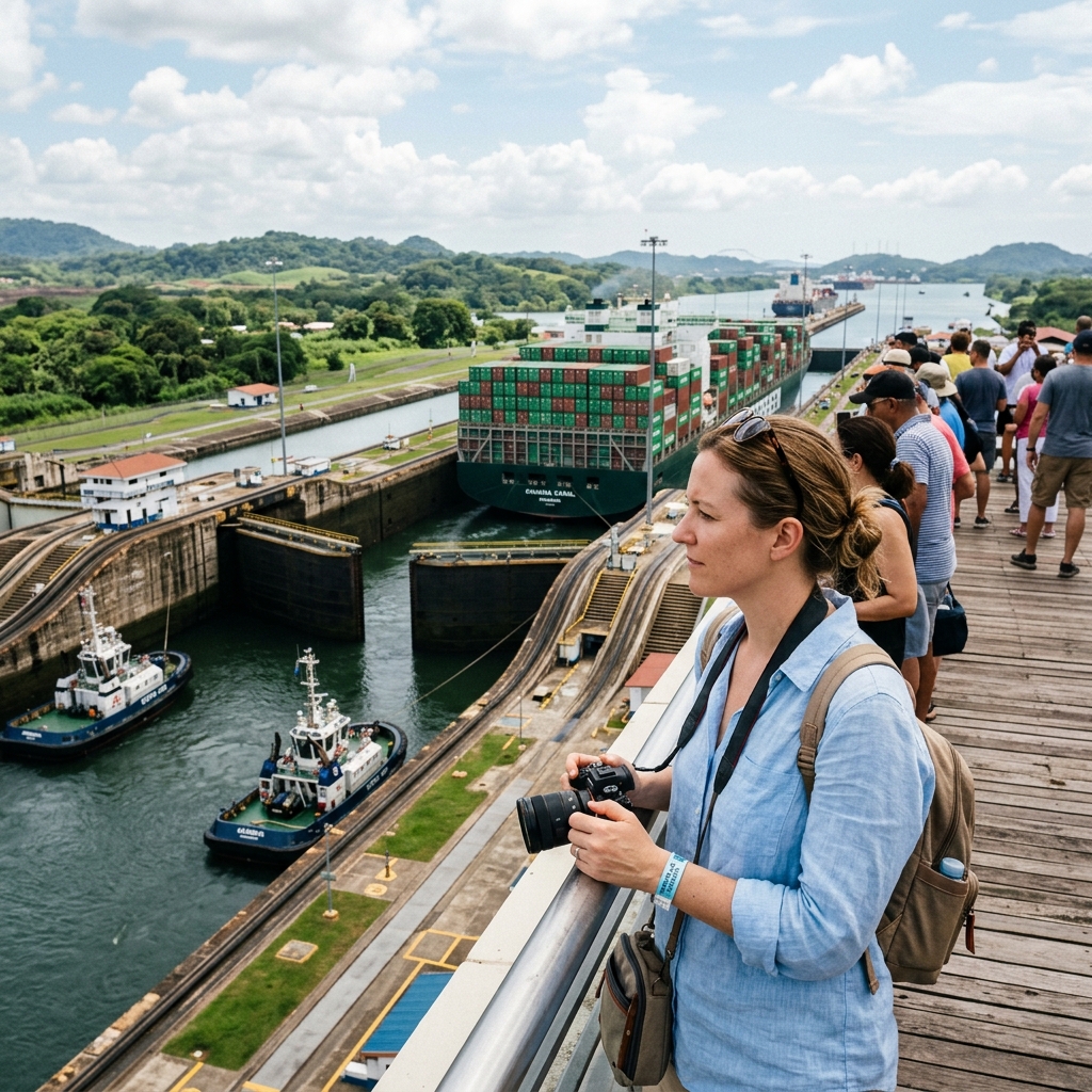 Pasajero turista viendo el canal de Panamá en su escala antes de continuar vuelo a Colombia
