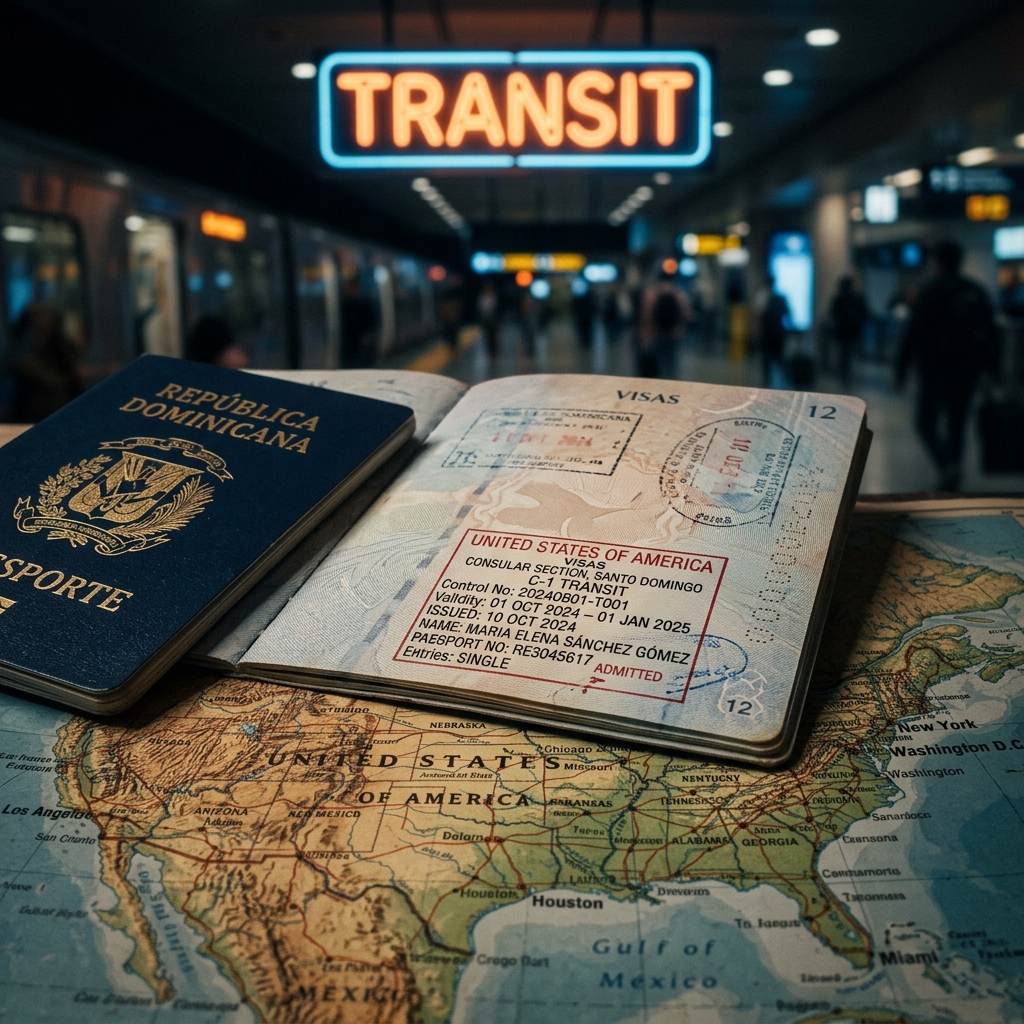 Sello rojo de Visa de Tránsito C-1 de Estados Unidos dentro del pasaporte dominicano, apoyado sobre un mapa