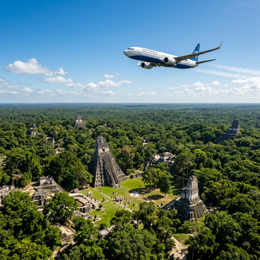Fotografía cinemática de un avión sobrevolando las majestuosas ruinas mayas de Tikal en medio de la selva guatemalteca