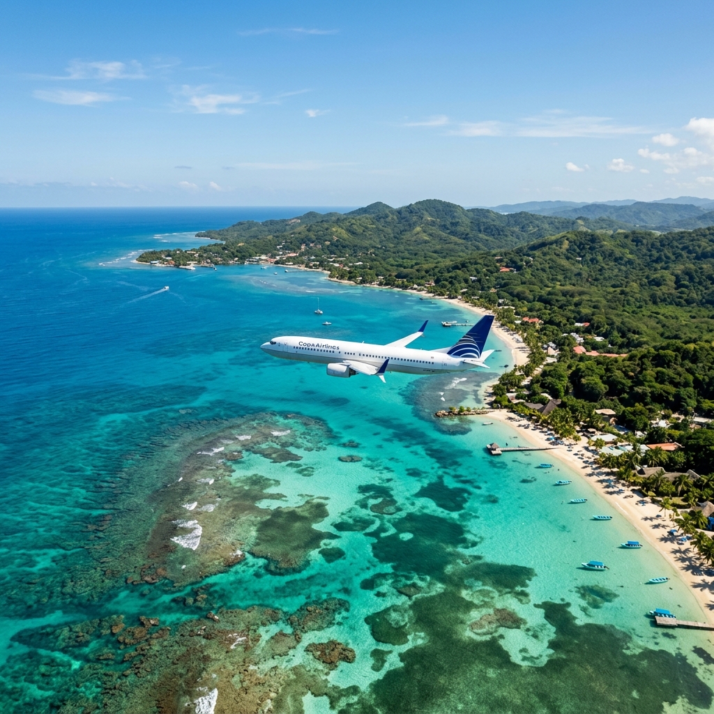 Fotografía cinemática de un avión comercial de Copa Airlines volando sobre las hermosas playas tropicales y los arrecifes de coral en Roatán, Honduras