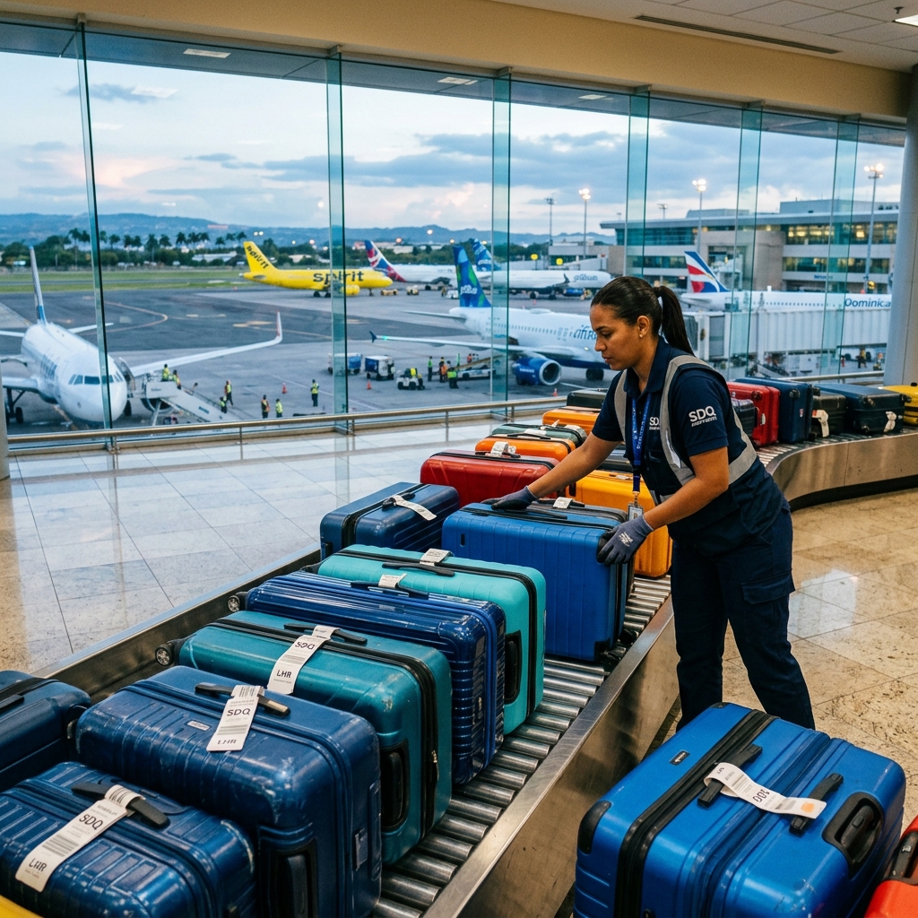 Maletas coloridas organizadas en el aeropuerto con aviones comerciales de JetBlue al fondo