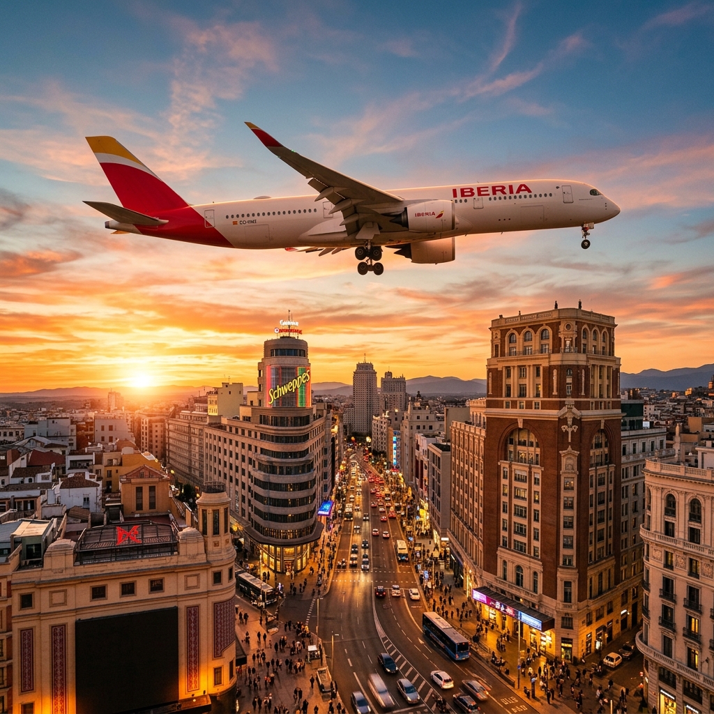Fotografía de alta calidad de un avión sobrevolando la Gran Vía y los edificios icónicos de Madrid al atardecer
