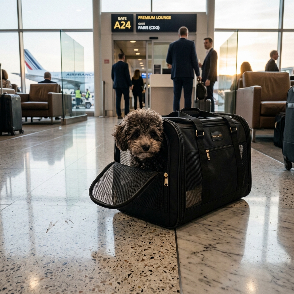 Perro poodle toy asomando la cabeza desde un elegante bolso de viaje para mascotas en el aeropuerto