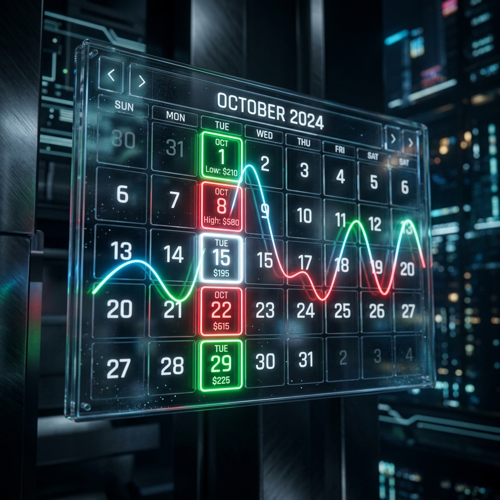 Calendario digital holográfico mostrando fluctuaciones de precios en días específicos