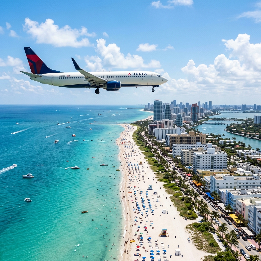 Fotografía cinemática de un avión comercial sobrevolando la vibrante costa turquesa de South Beach en Miami, representando vuelos hacia la Florida