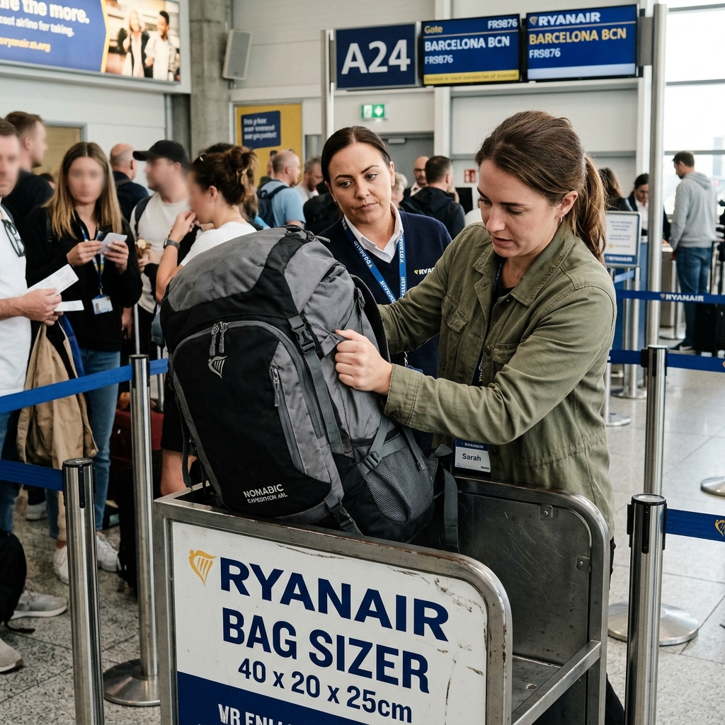 Mochila táctica de viaje empujada a la fuerza en el medidor metálico de una aerolínea low-cost