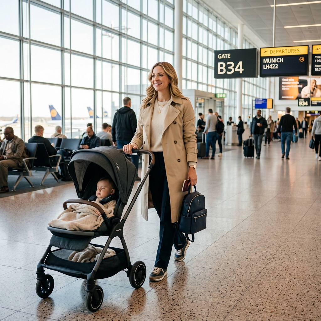 Madre moderna sonriente empujando un cochecito de bebé elegante en un aeropuerto