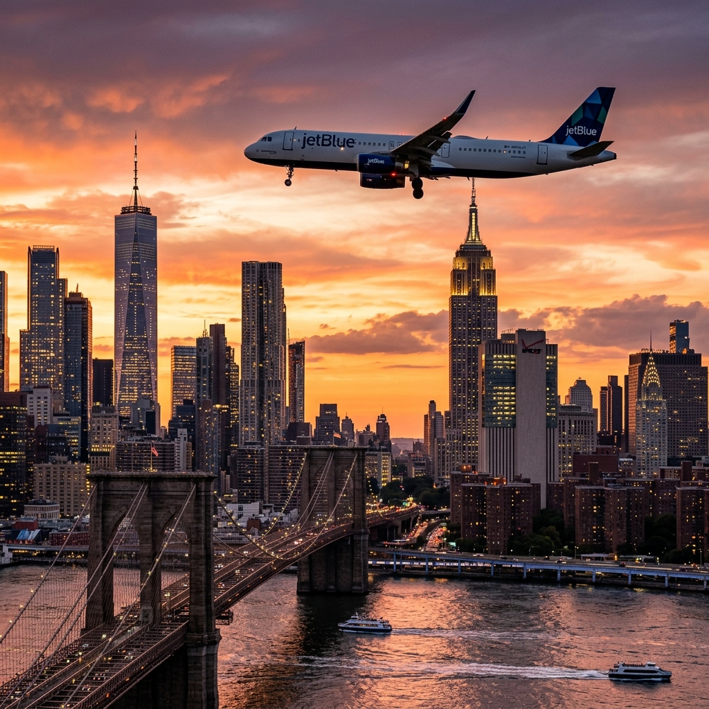 Fotografía cinemática de un avión de JetBlue sobrevolando el puente de Brooklyn y el skyline de Nueva York al atardecer