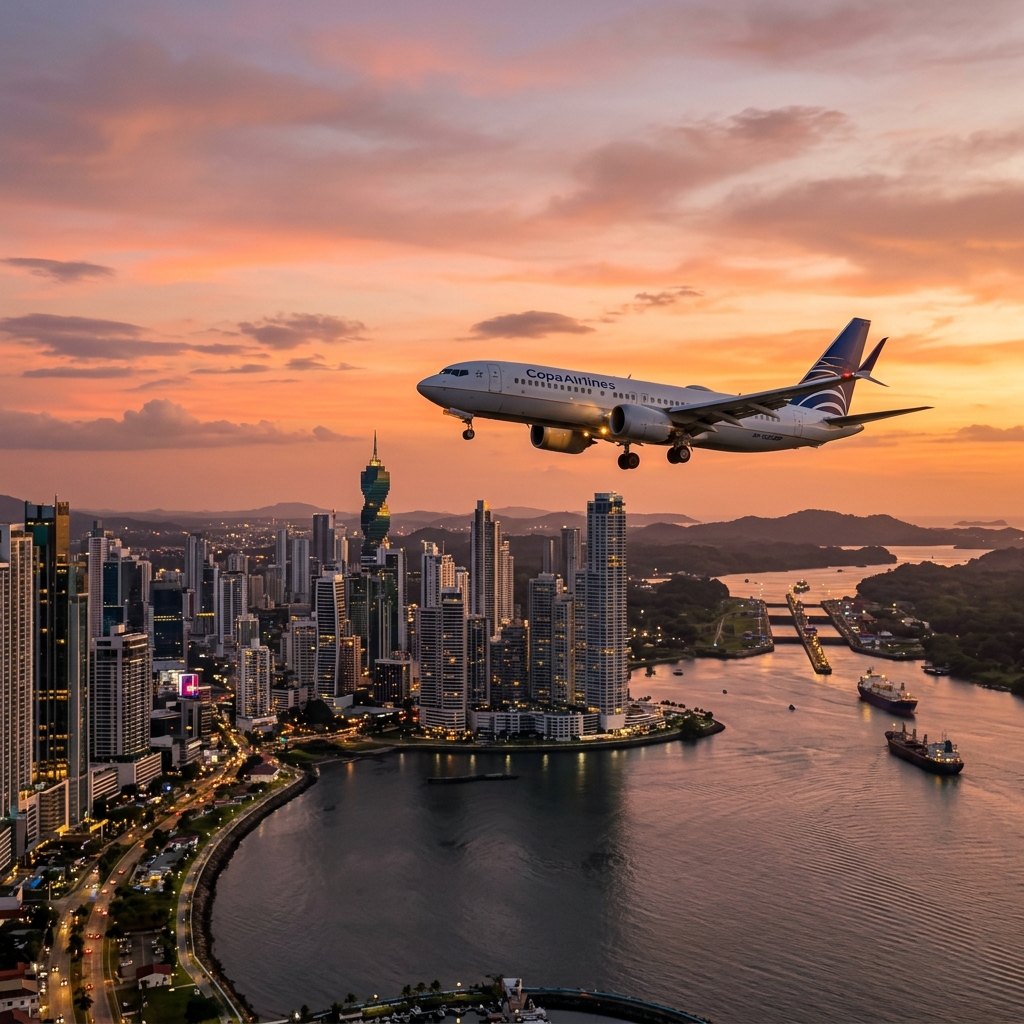Fotografía cinemática de un avión de Copa Airlines sobrevolando el Canal de Panamá y el moderno skyline de la Ciudad de Panamá al atardecer