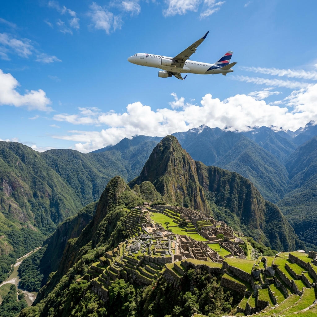 Fotografía cinemática de un avión sobrevolando las majestuosas ruinas de Machu Picchu y la cordillera de los Andes en Perú
