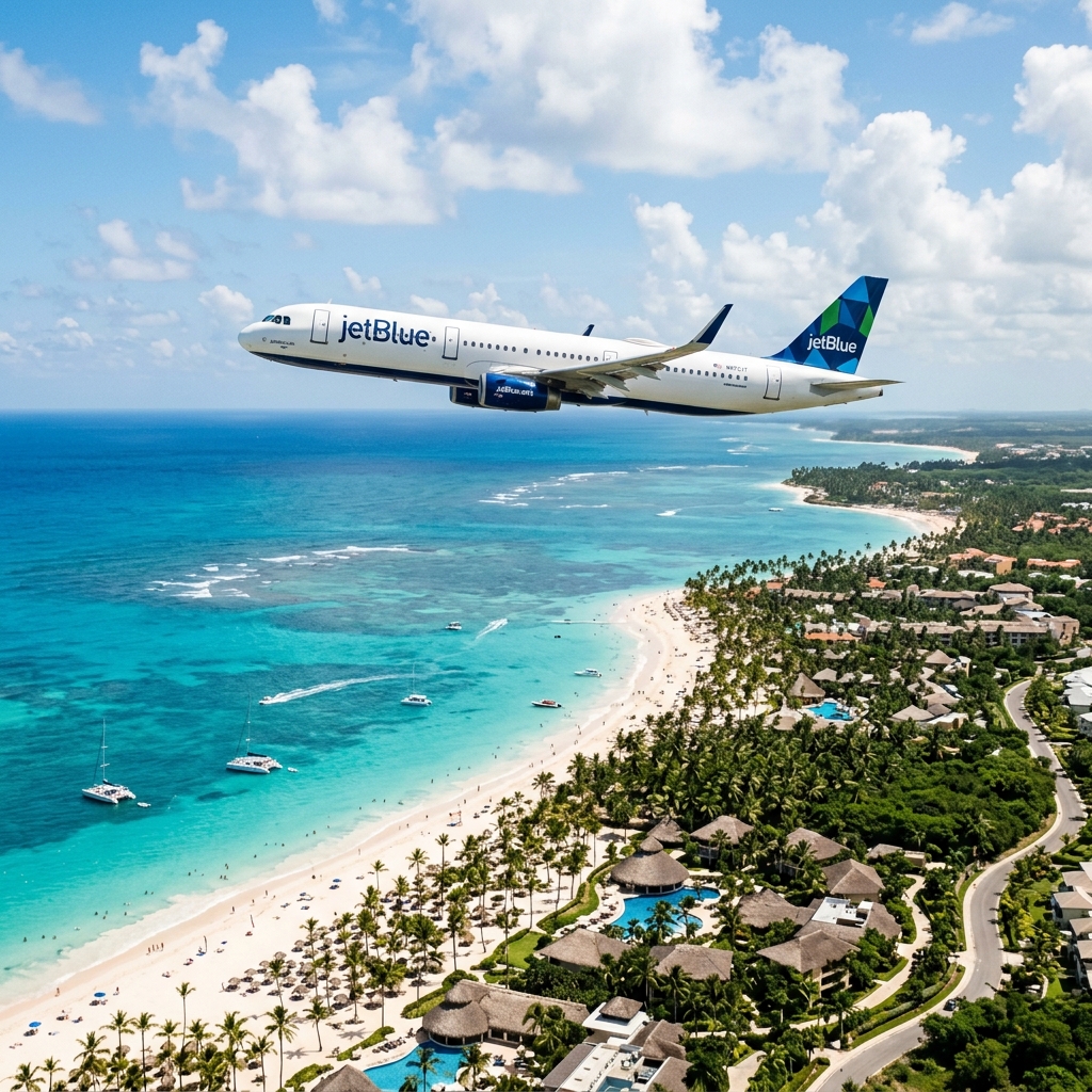 Fotografía cinemática de un avión comercial sobrevolando las hermosas playas de arena blanca, palmeras y aguas turquesas de Punta Cana en República Dominicana