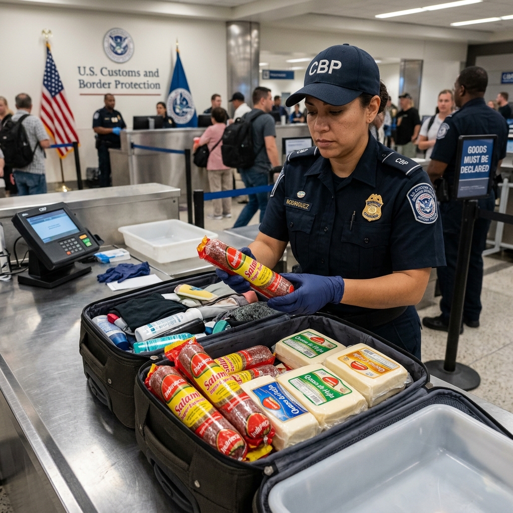 Oficial de aduanas del CBP inspeccionando maletas con salami y queso dominicano