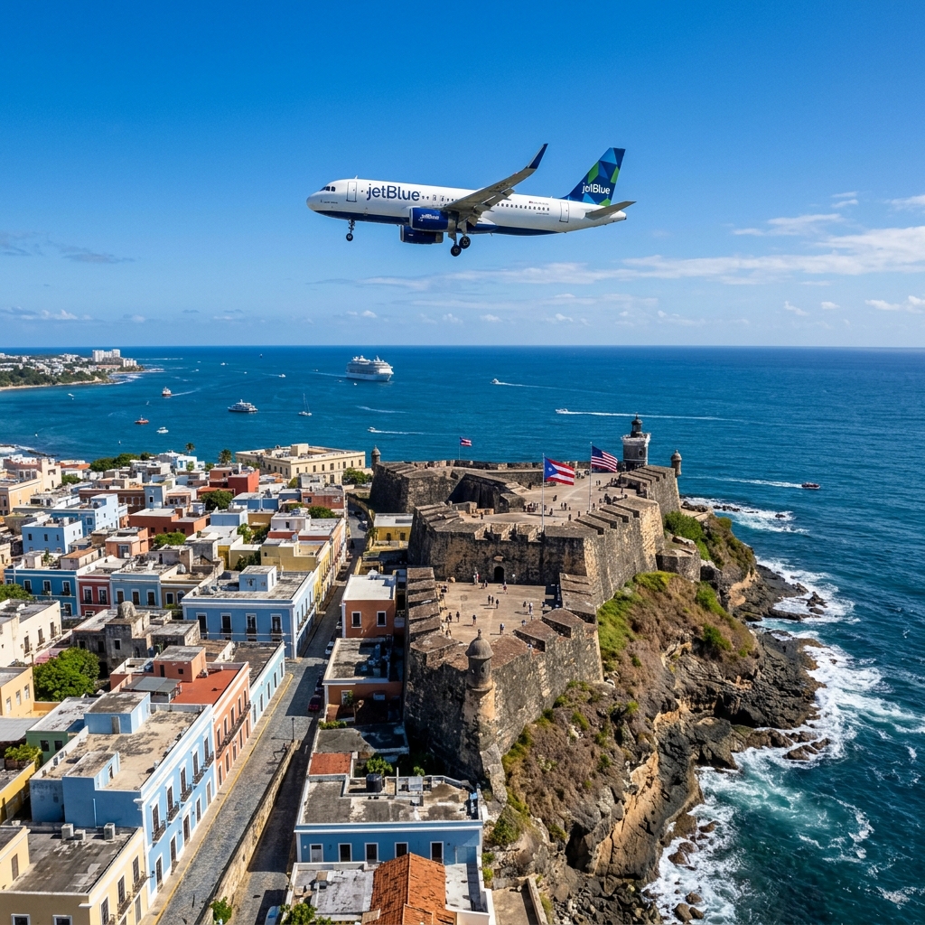Fotografía cinemática de un avión de JetBlue sobrevolando el Castillo San Felipe del Morro en el Viejo San Juan, Puerto Rico