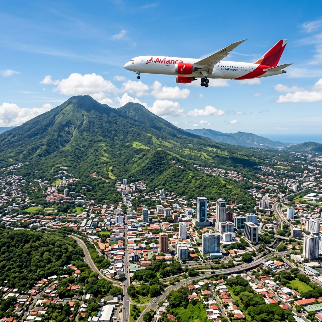 Fotografía cinemática de un avión comercial sobrevolando los espectaculares volcanes verdes y la ciudad moderna de San Salvador, El Salvador