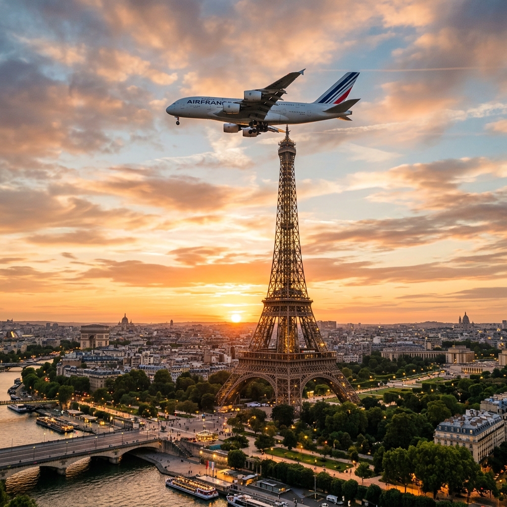 Fotografía de alta calidad de un avión comercial sobrevolando la majestuosa Torre Eiffel de París al atardecer, representando vuelos hacia el espacio Schengen en Europa