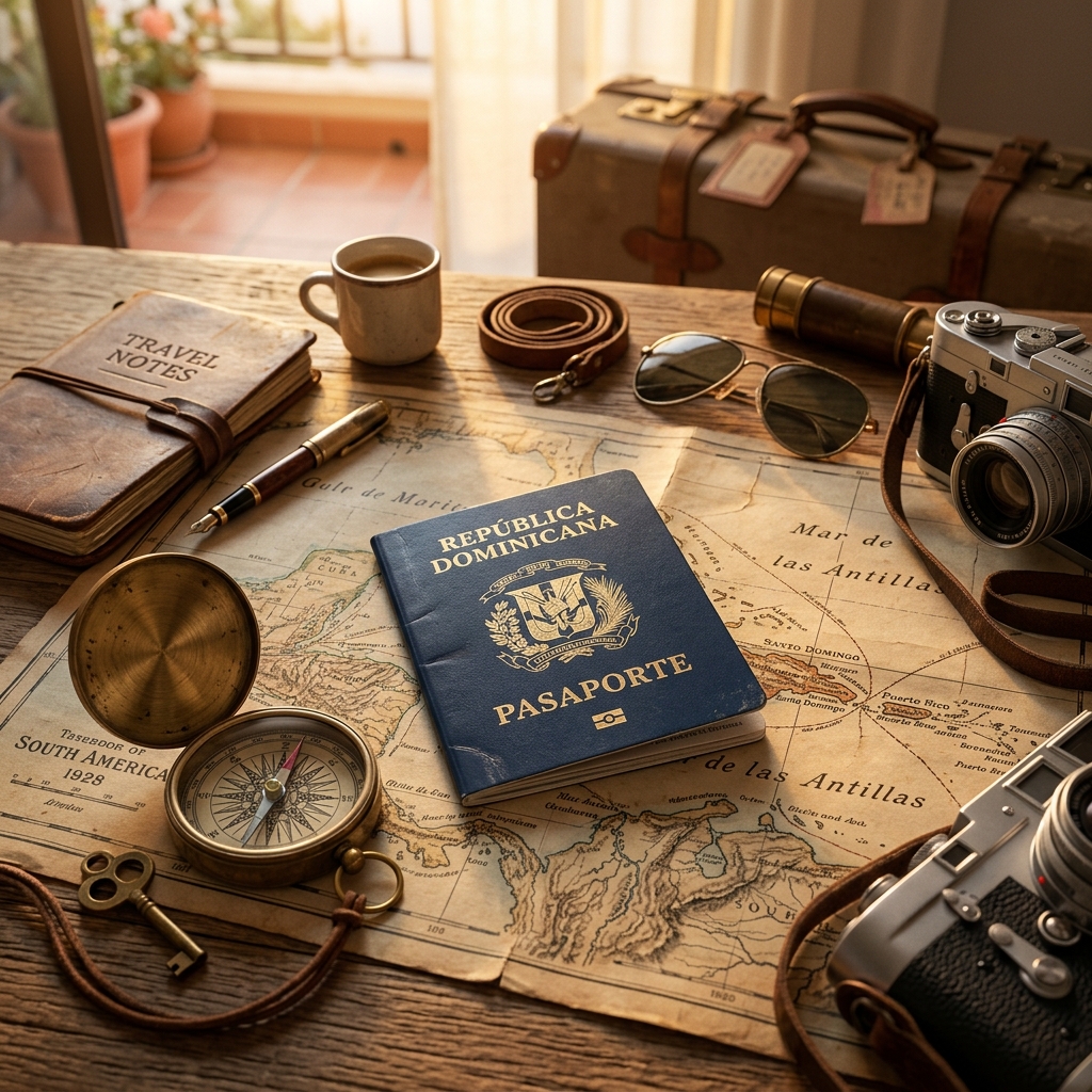 Fotografía cinemática de un pasaporte de República Dominicana reposando sobre un mapa vintage con una brújula clásica