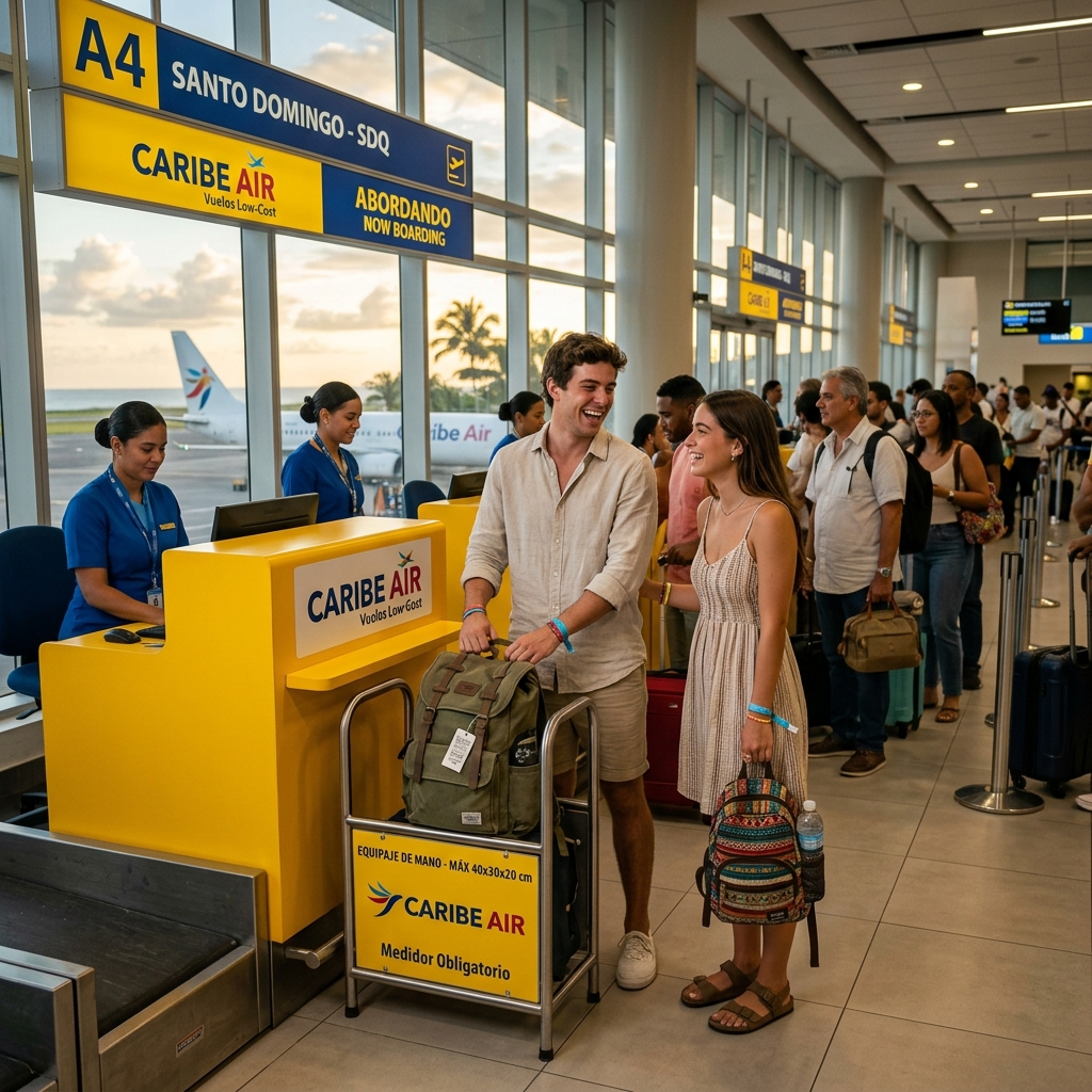 Pasajeros midiendo mochilas pequeñas en el aeropuerto para abordar Spirit y Frontier