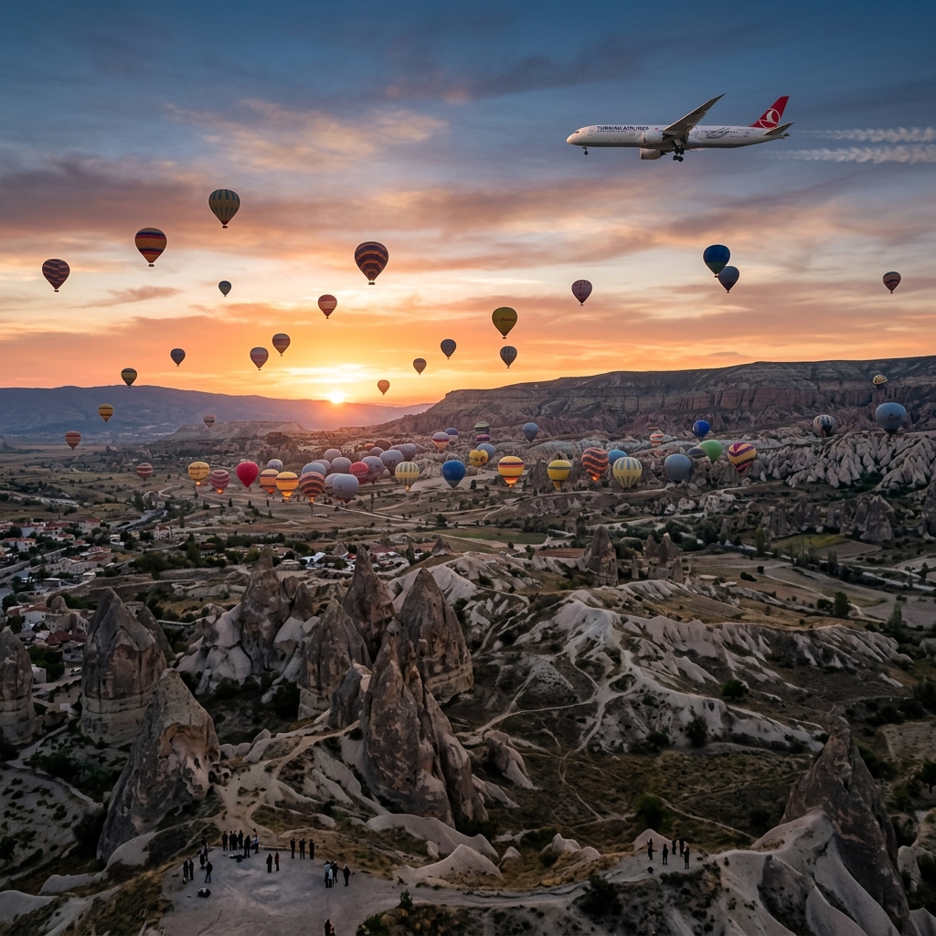 Fotografía de cientos de globos aerostáticos sobre Capadocia en Turquía al amanecer, con un avión cruzando el cielo