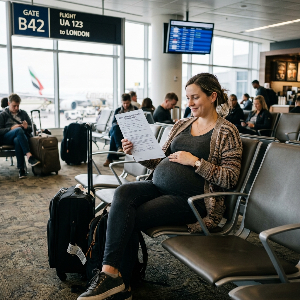 Mujer embarazada sentada en la sala de espera del aeropuerto con un certificado médico