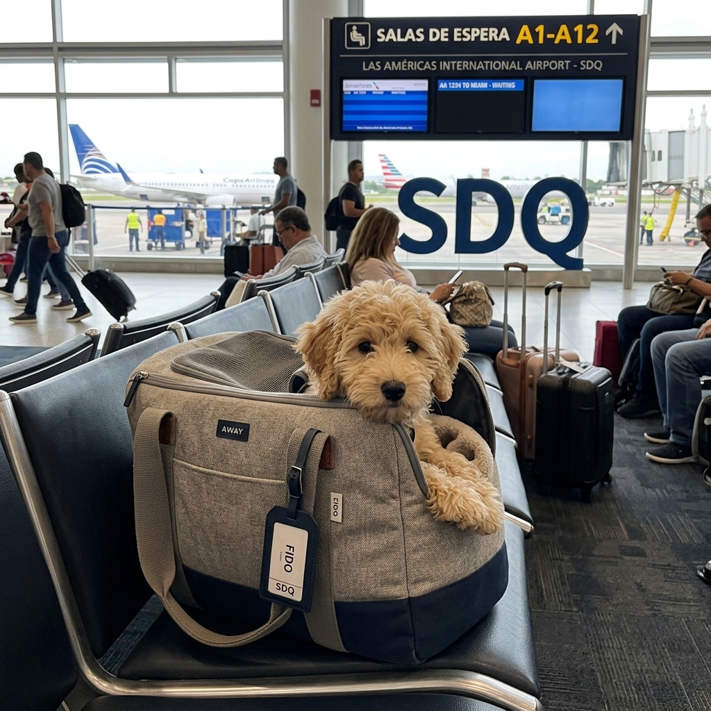 Perro en un transportín (kennel) de cabina en un aeropuerto de República Dominicana