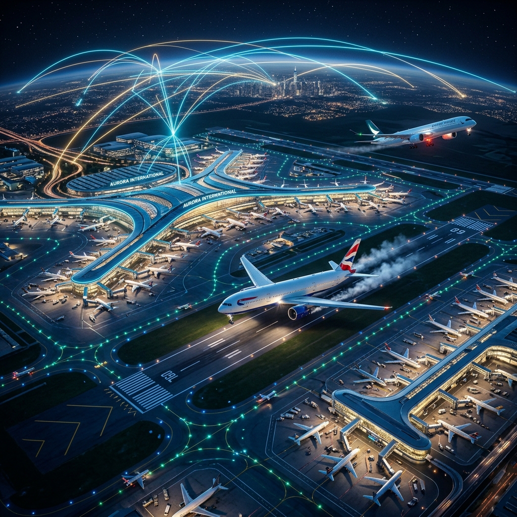 Aeropuerto internacional masivo con luces de neón y aviones conectando destinos globales
